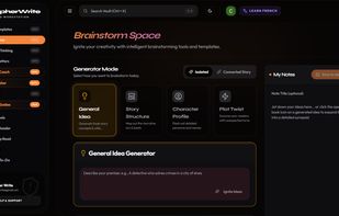 A story-generation workspace for the blank-page moments: character names, plot twists, "what if" turns and outline options, generated in your genre and carried back into the draft. Useful when you know the shape of the scene but not what happens in it.

