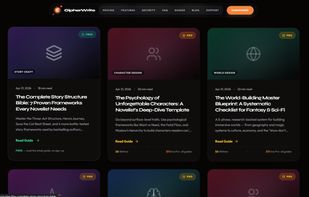 A library of 18 long-form craft guides covering story structure, character psychology, dialogue and subtext, pacing, point of view, theme, scene construction, self-editing and the submission package. They double as the source material for the AI Writing Coach's curriculum, so the advice in the guides and the advice in the app are the same advice.
