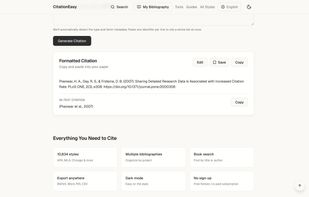 Pasting a DOI returns a formatted APA 7 reference and the matching in-text citation.