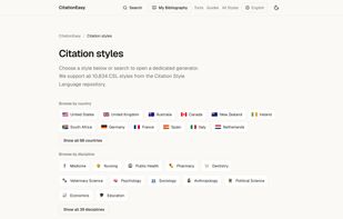 Browsing the style catalogue by country and academic discipline.