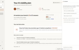 CiteCue turns AI visibility data into an actionable plan. See your visibility score, identify the highest-impact opportunities, and get prioritized recommendations for improving how your brand appears in AI-generated answers.