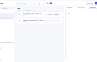 Organize each project with a dedicated source list, reading status, and a side panel for project notes.