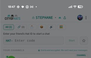 Security tools menu showing features such as secure channels, disposable identities, encrypted file drops, hidden messages in images, and voice-passphrase encrypted messages.
