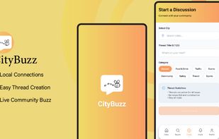 CityBuzz features and an image of the splash screen and "Start a Discussion" page. 
