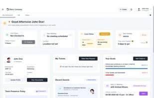 A modern and intuitive HRMS dashboard displaying attendance, leave status, upcoming meetings, goals, and employee activity—all in one view.