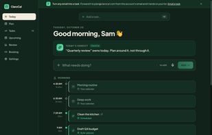 Today view: tasks auto-placed around your existing calendar events, synced to Google Calendar.