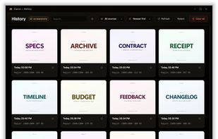 Capture history — every screenshot and recording in one place, each one indexed by the text inside it.