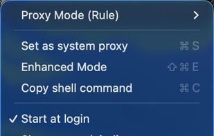 ClashFX menu bar — proxy mode, Enhanced Mode (TUN), and quick settings
