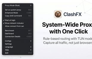 ClashFX menu bar — proxy mode, Enhanced Mode (TUN), and quick settings
