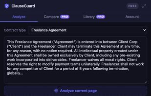 Paste any contract, drag-and-drop a PDF, or analyze the current page in one click