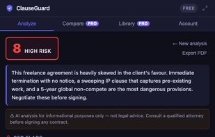 Instant risk score (1–10) with plain-English explanations of every red flag