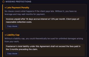 Spots missing protections — IP ownership, liability caps, late payment clauses, and more