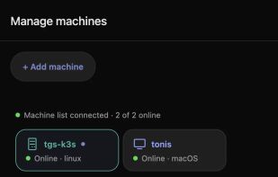 Mobile machine picker showing paired Linux and Mac hosts.