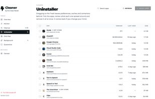 Uninstaller: apps with their size and last use.