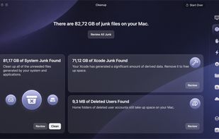 Cleanup: system junk, Xcode data and leftovers, each reviewed before removal