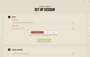 Setting up a session: pick the session type, add a question and items, and switch on options such as participant data, a closing date and notifications.