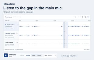 Working CleanTake 0.2.1 studio: a deliberately introduced gap is compared with simultaneous lapel audio. AMI Project Consortium, CC BY 4.0; app capture and edit by Pavan Gupta.