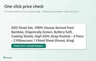 A one-click "Compare price on Google Shopping" button on every product page. Nothing is ever sent anywhere unless you click it.