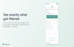 The toolbar popup shows a live count of listings filtered on the current page, plus a one-click on/off switch. The free tier is the complete filter , forever.