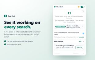 The toolbar popup shows a live count of listings filtered on the current page, plus a one-click on/off switch. The free tier is the complete filter , forever.