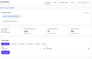 Dashboard - connected mailboxes, scan usage and quick actions