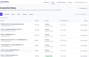 Unsubscribe history - each sender is re-checked after 30 days to confirm they actually stopped