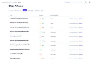 The requests list keeps every open, closed, and archived approval in one sortable table, with per-request reply counts, current status, and last activity at a glance. Filter by project or title, and each row shows exactly how many recipients have viewed, approved, requested changes, or are still pending — so you always know what's waiting on a response.