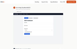 The guide editor: every click becomes a step with a screenshot and a highlight. Edit the text, blur, zoom, add notes.