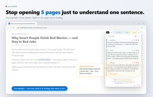 Highlight a term and the explanation appears right on the page — Overview, Detail, and Analogy, one tap apart.