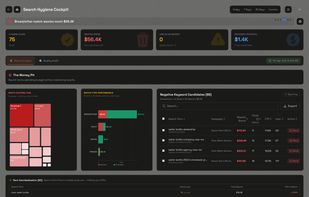 The Search Hygiene Cockpit isolates wasted ad spend caused by broad match leakage, irrelevant queries, keyword cannibalization, and poor match-type control. It quantifies financial loss at the campaign, ad group, and search term level, highlighting exactly where budget is being consumed without delivering results.
