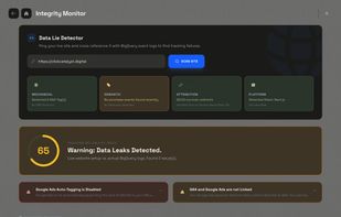 The Integrity Monitor validates marketing data accuracy by scanning live site implementation and cross-referencing it with GA4 and Google Ads data. It detects tracking failures, attribution mismatches, auto-tagging issues, missing data layers, and platform integration gaps before they distort performance reporting.