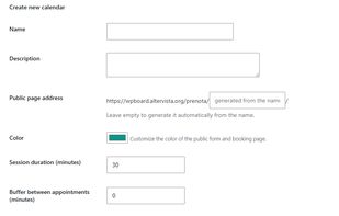 Create a new calendar: set duration, price and public link in one form.