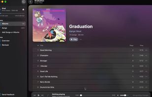 An album open on the iPod, with the play counts read from the device. The ··· button next to Play opens Edit, where the cover, album title, album artist, year and genre apply to every song at once.
