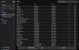 Every song on the iPod in one list with artist, album, play count and length, read from the iPod's own database. Search, sort by any column, or double-click a song to play it straight from the device.
