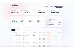 Invoice management dashboard featuring invoice tracking, payment status, receivables aging, recurring invoices, outstanding balances and debtor insights.