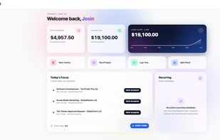 ClientDeck dashboard showing revenue, outstanding invoices, cash flow, quick actions, daily tasks, time tracking and business insights in one central workspace.