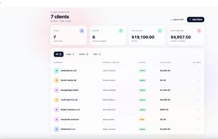 Client management dashboard with client directory, contact details, project status, collected revenue, outstanding balances and export tools for managing client relationships.