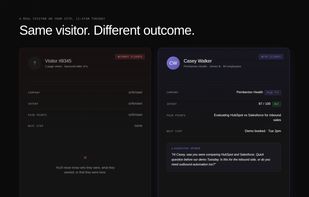 Same anonymous visitor, two outcomes. Without ClientX they bounce unidentified. With ClientX you get the company, intent score, pain points, and a booked demo.