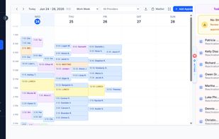 The daily schedule in Clinic OS Pro – every booked visit, cancellation, and no-show in one view. Missed slots automatically trigger the same-day rescue sequence (text, email, and call script) so they get rebooked instead of written off.