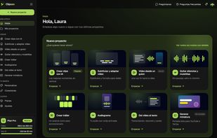 Dashboard with the 8 modes: AI clips, subtitles, video from a script, silence removal, trailer, audiogram, video to text and thumbnails.