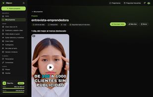 AI clips from a long interview, each with captions, title, description, hashtags and a virality score.