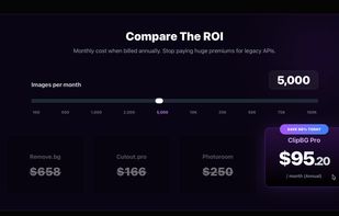 The ROI comparison dashboard for high-volume users. This illustrates ClipBG's transparent, unified pricing model: 1 Request = 1 Credit, which includes background removal, smart drop shadows, and AI upscaling natively without double charging. It also features a generous 6x rollover cap for unused subscription credits, providing predictable costs for e-commerce developers.
