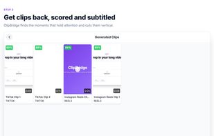 Generated clips with scores and burned-in subtitles, ready to download.