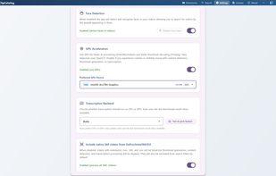 Settings allow you to choose your GPU, enable face detection, 360 video processing and more.