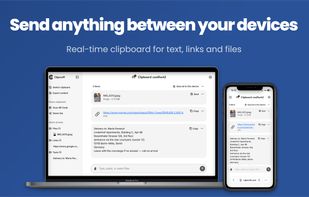 Clipcroft on a laptop and a phone: text, links, and files shared in real time between them.