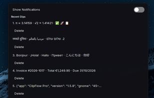 Recent clips menu (right-click the panel icon)