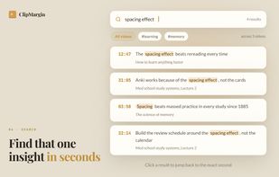 Searching across every note ever taken, with results from several different videos.