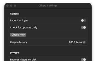 Settings: shortcuts, history size, privacy, excluded apps