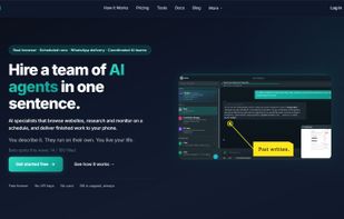 CloudyBot homepage showing the main value proposition: 
hire a team of AI agents in one sentence, with real 
browser automation, scheduling, and WhatsApp delivery.