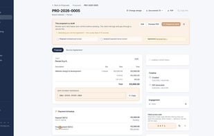 Proposal builder with line items, EU VAT auto-calculation and deposit